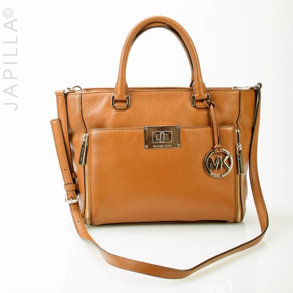 Michael Kors Pebbled Saddle Turn Lock Purse Whisky Leather Satchel - Picture 1 of 11